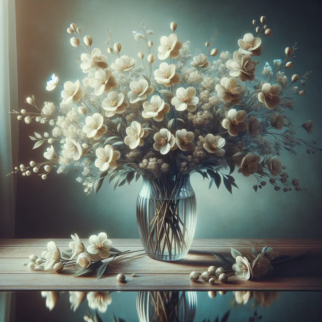 Un ramo de delicadas flores blancas en un jarrón de cristal refleja la serenidad y la belleza de recordar a seres queridos fallecidos.
