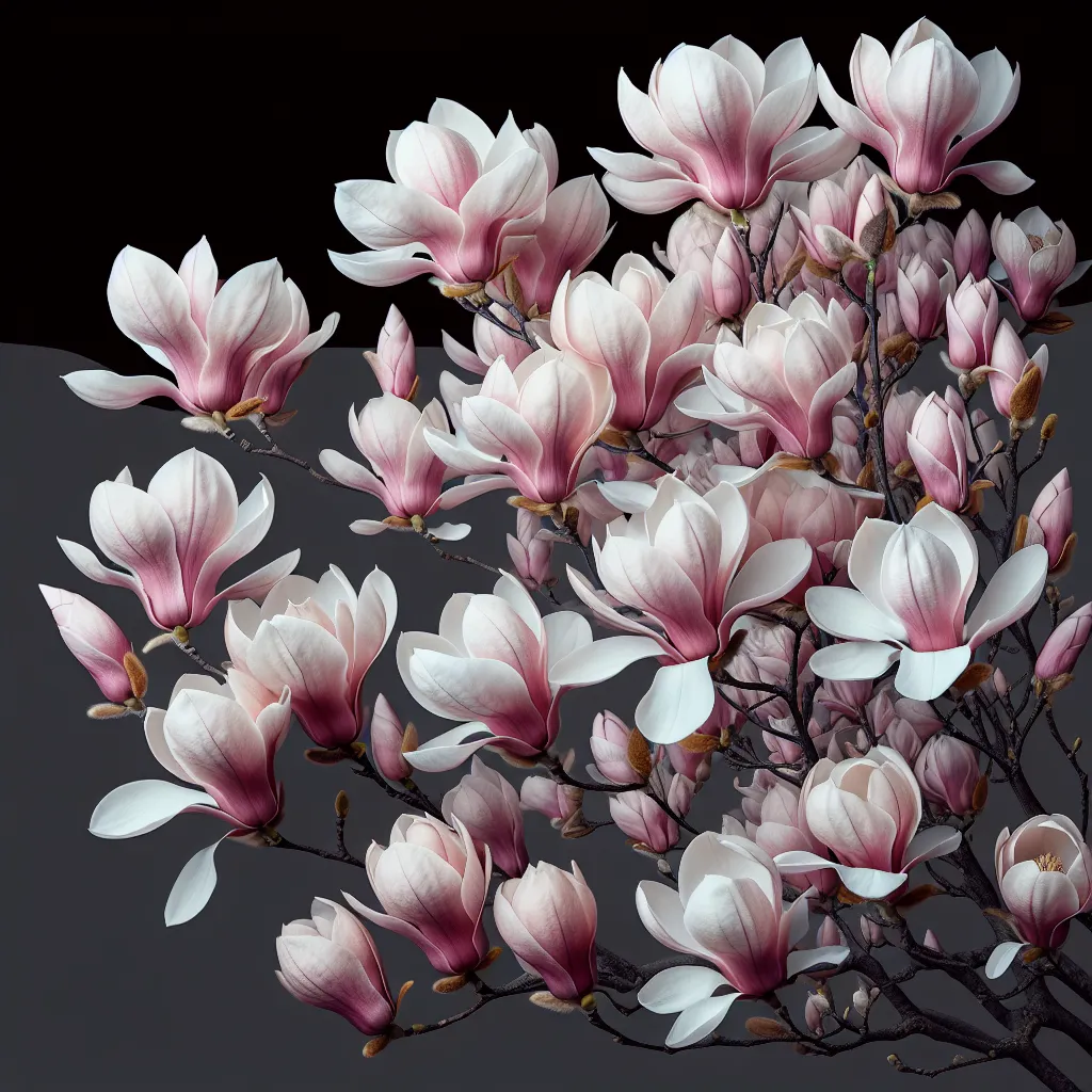 Imagen de una magnolia en plena floración, mostrando sus hermosas y abundantes flores rosadas y blancas.