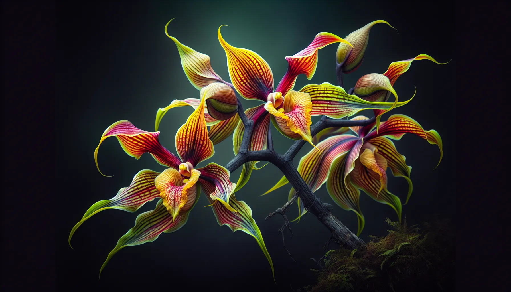 Imagen de una impresionante flor murciélago, conocida como la orquídea de enero, destacando sus brillantes colores y formas únicas.
