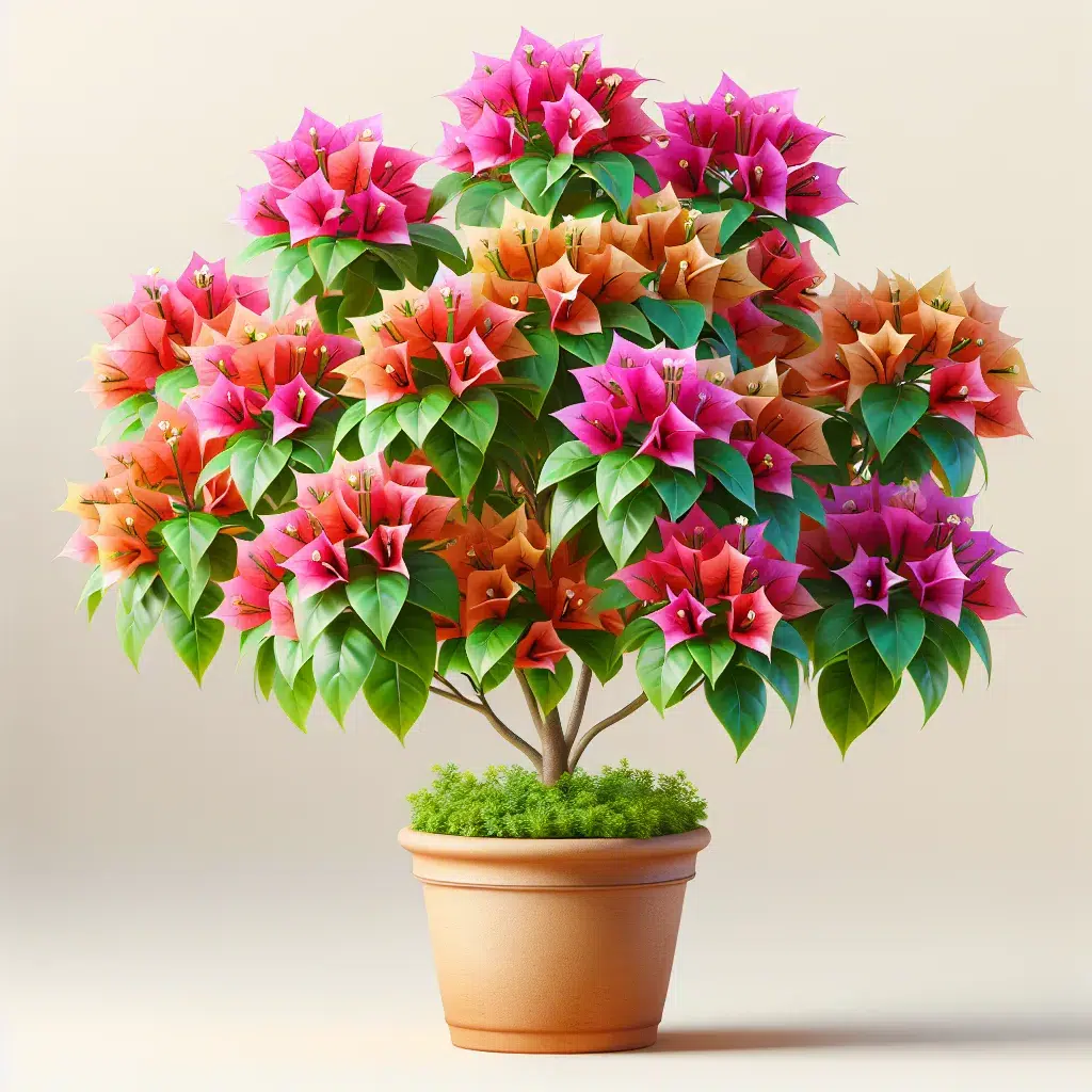 Imagen de una hermosa buganvilla en una maceta, mostrando sus brillantes flores de colores vivos y hojas verdes, como ejemplo de una planta bien cuidada siguiendo los consejos del artículo.