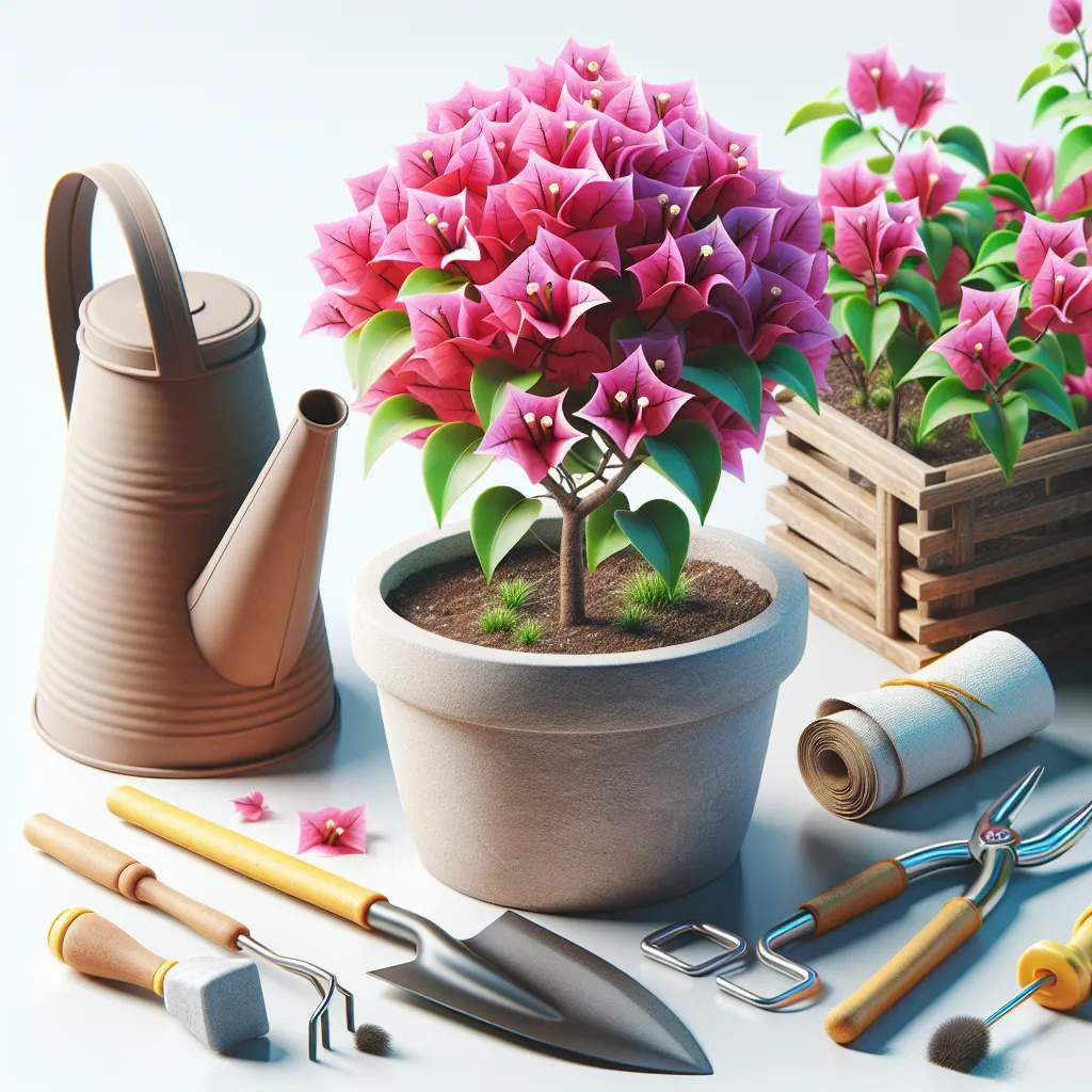 Imagen de una buganvilla saludable y floreciente en una maceta, acompañada de herramientas de jardinería. Representa el cuidado adecuado de una buganvilla en maceta según el artículo web.