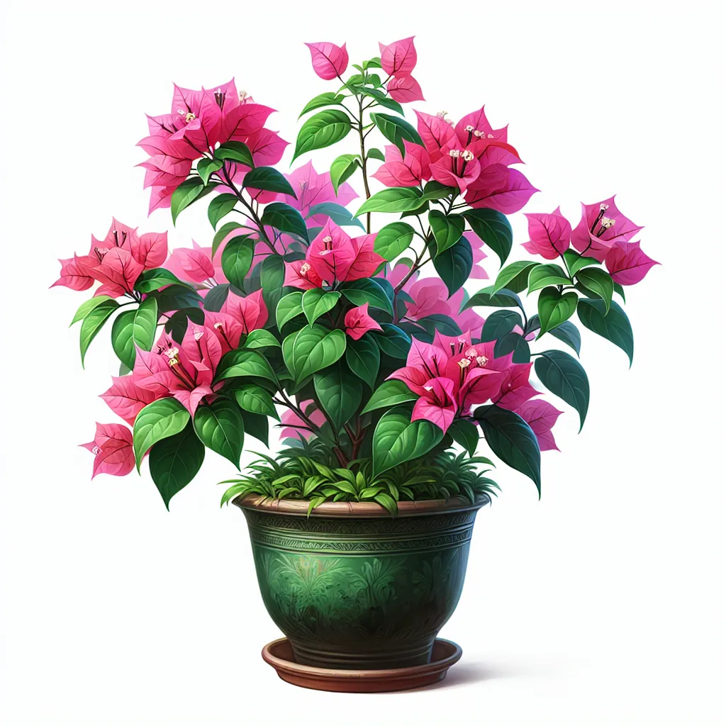 Imagen de una Buganvilla en una maceta, una planta de colorido intenso, con flores rosadas y hojas verdes, mostrando un cuidado adecuado para su desarrollo óptimo.