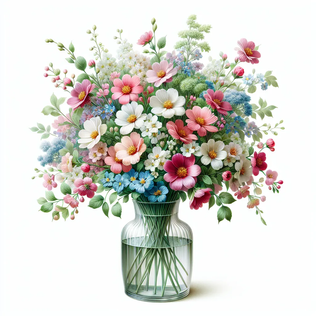 Ramo de flores frescas en un jarrón con agua, perfecto para dar vida a tu hogar en verano.