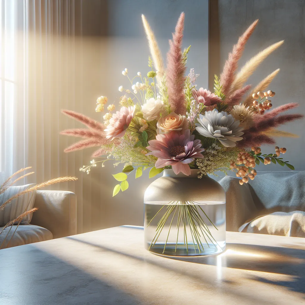 Imagen de un ramo de flores frescas en un jarrón con agua, decorando un espacio iluminado por el sol veraniego.