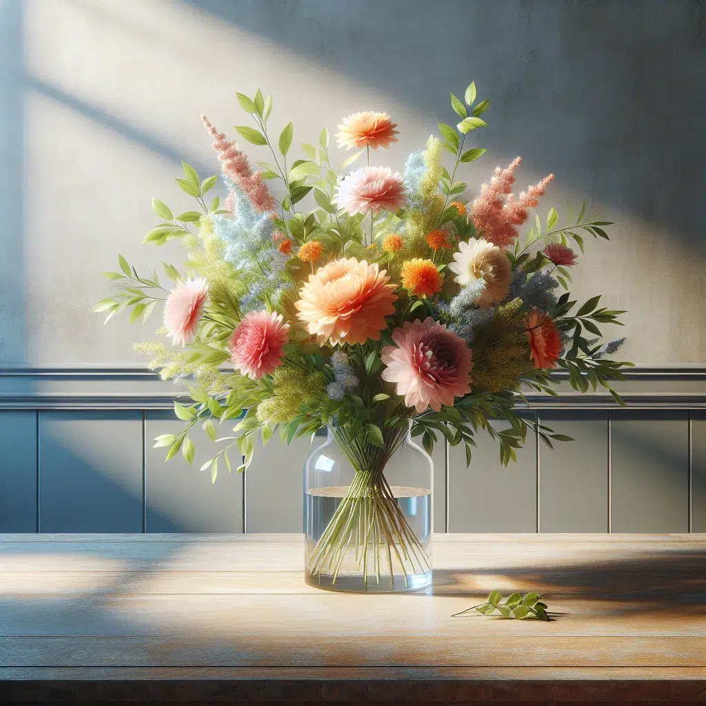 Un ramo de flores frescas y coloridas en un jarrón de cristal sobre una mesa de madera en una habitación iluminada por la luz del sol.
