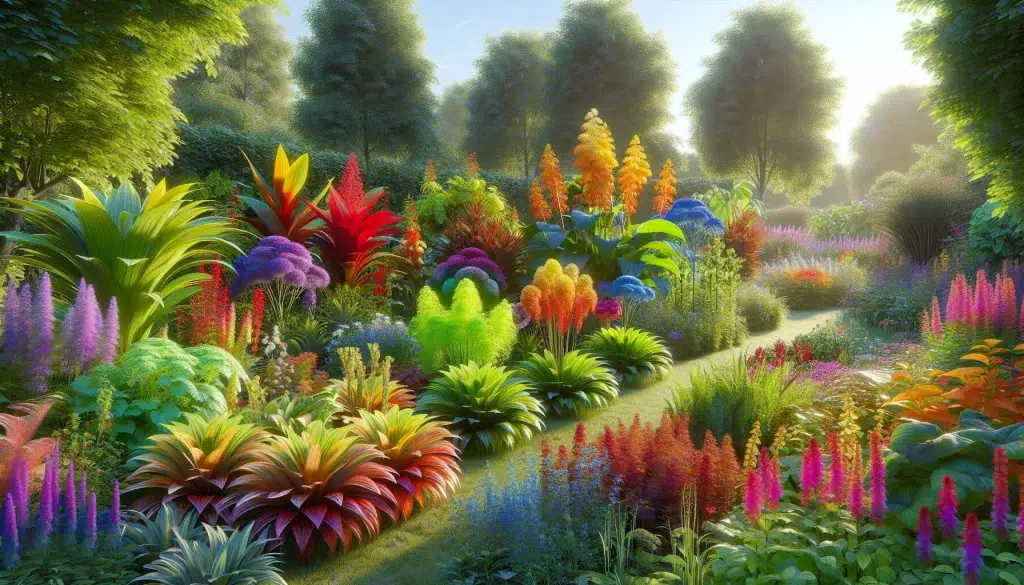 Imagen de siete plantas coloridas en un jardín exterior