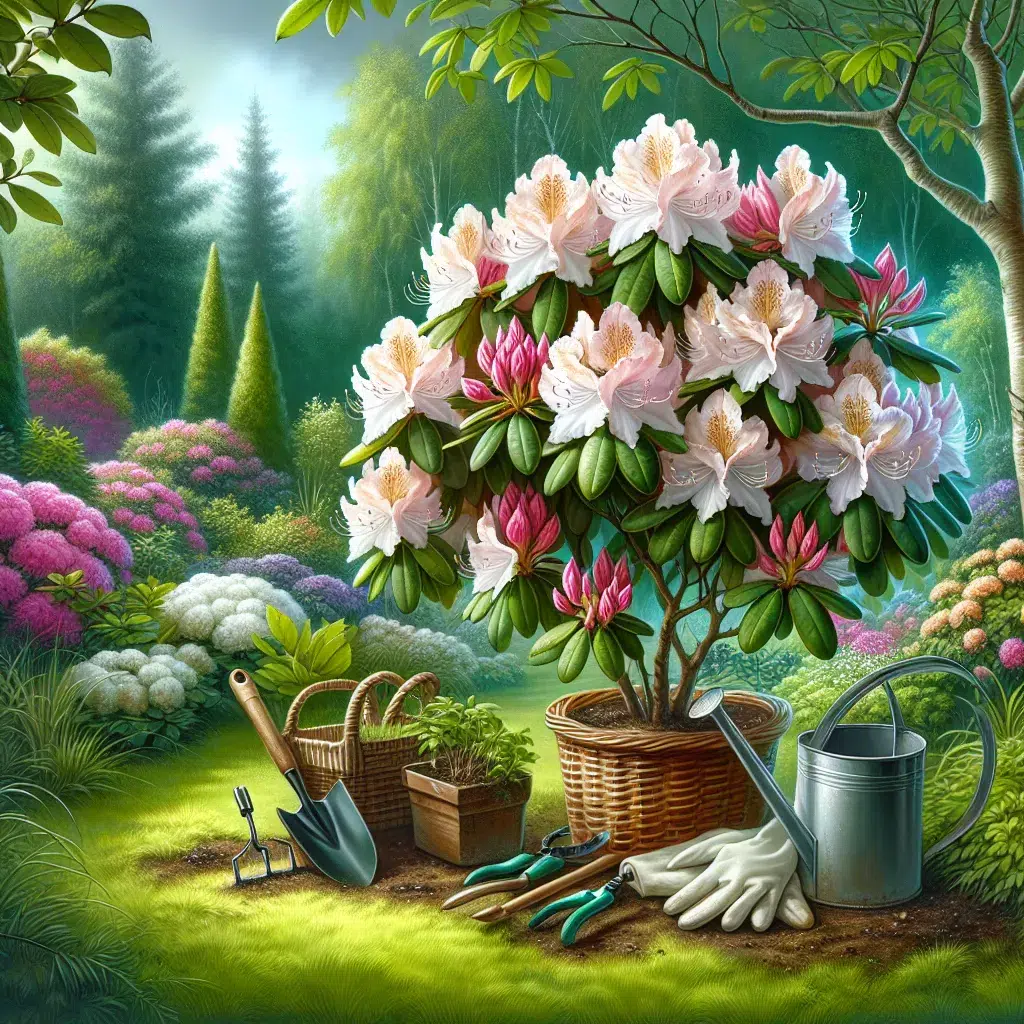 Imagen de un hermoso rododendro en plena floración, con fondo de jardín. Tema: cuándo florecen los rododendros y cómo cuidarlos.