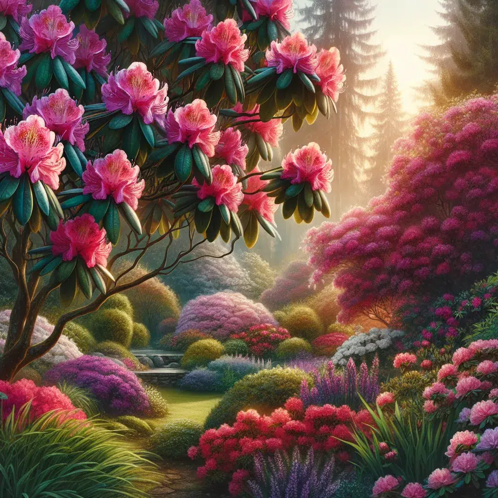 Imagen de rododendros en plena floración con fondo de jardín, representando belleza y cuidado de estas plantas.