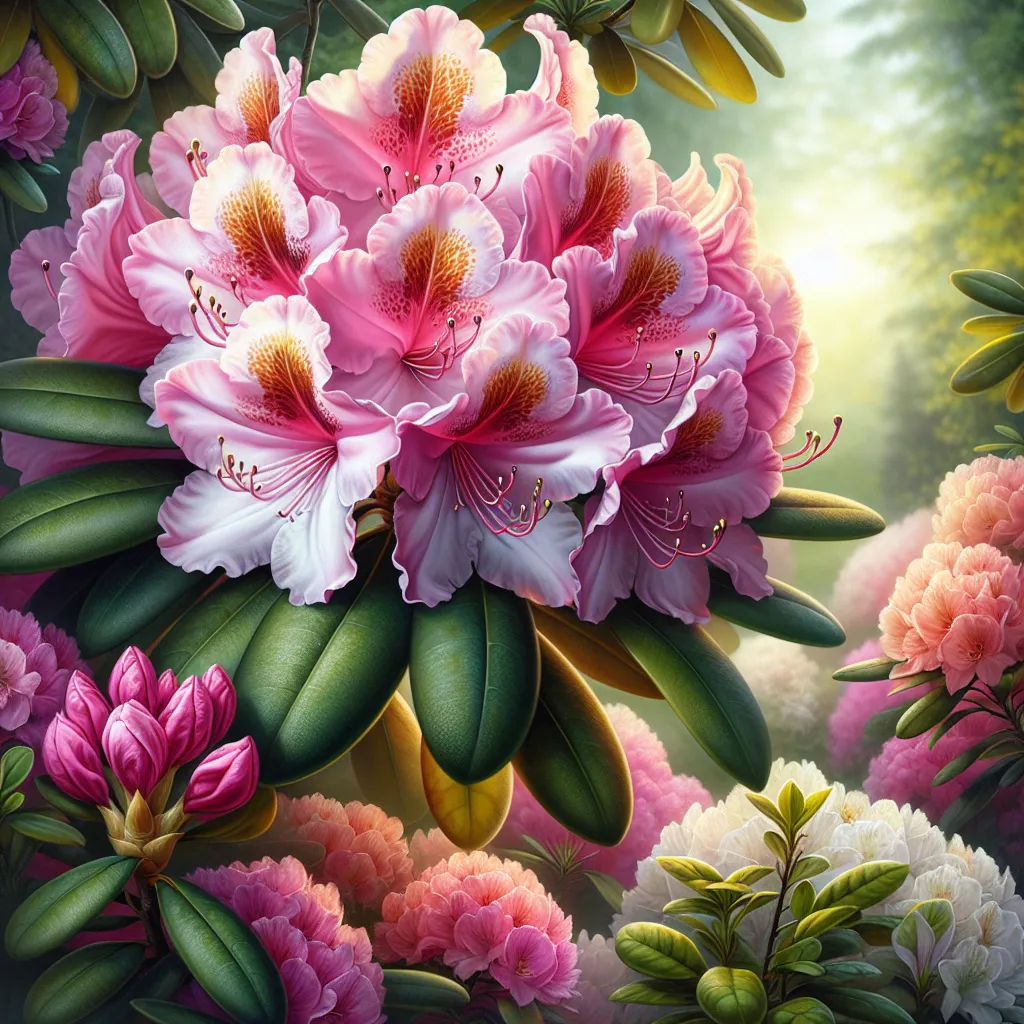 Imagen de un rododendro en plena floración con fondo de hojas verdes y flores coloridas, representando la belleza natural de esta planta y su cuidado apropiado para lograr una floración abundante.