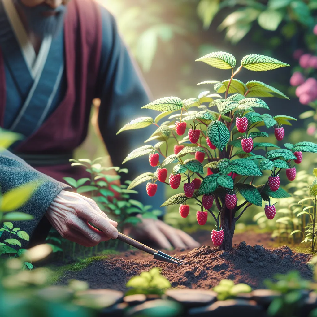 Imagen de un arbusto de frambuesas siendo plantado en un jardín con una persona cuidando de él.