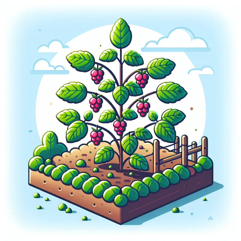 Imagen de un arbusto de frambuesas plantado en un jardín, con hojas verdes y frutos maduros, representando el cuidado y la plantación de arbustos de frambuesas en un hogar.