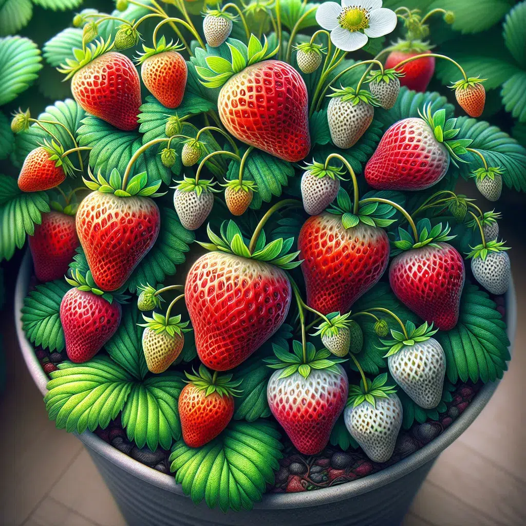 Imagen de fresas creciendo en maceta, ilustrando cómo cultivar fresas en un contenedor de forma exitosa