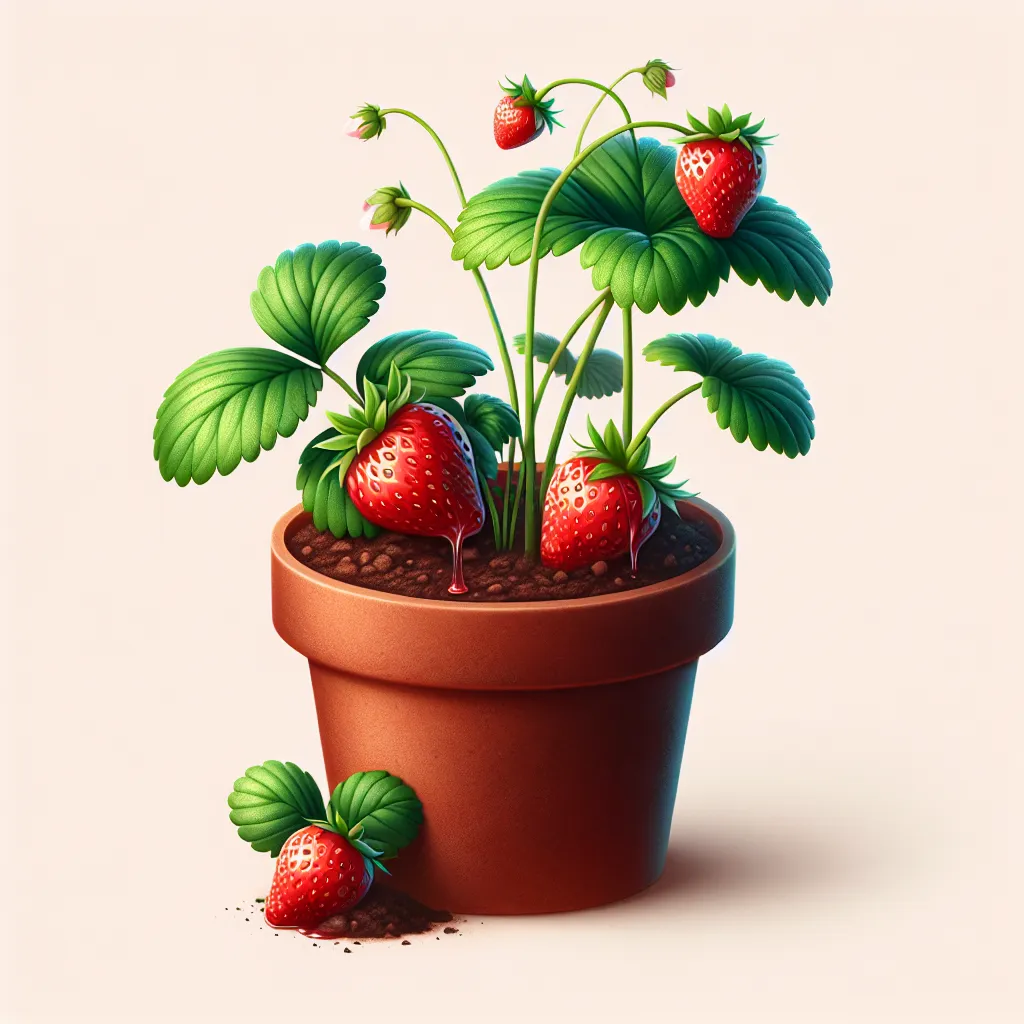 Imagen de fresas maduras creciendo en una maceta, con tierra y plantas saludables, representando el cultivo adecuado en espacios reducidos.