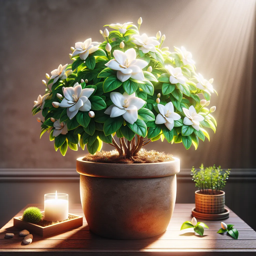 Imagen de una exuberante gardenia o jazmín del Cabo en un entorno cuidado y saludable, ilustrando los cuidados adecuados que requiere esta delicada planta.