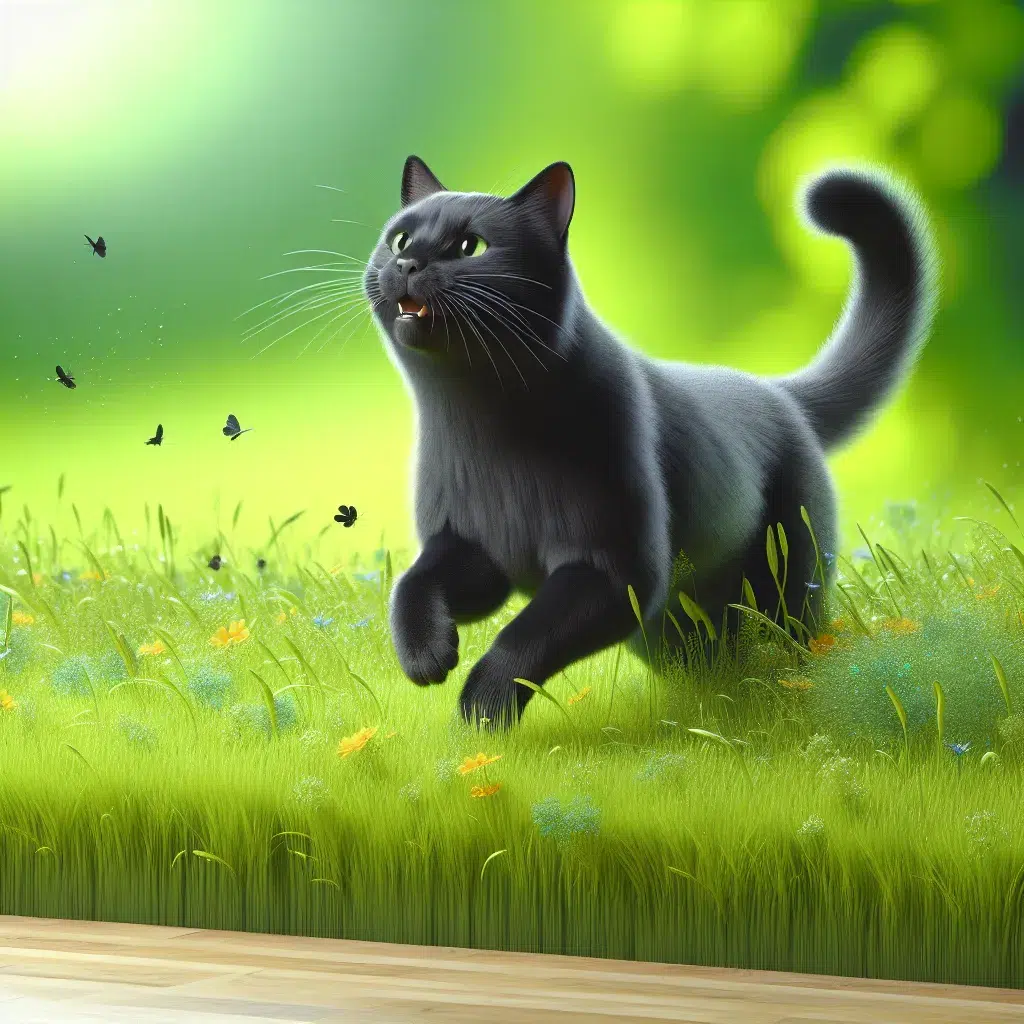 Un gato negro jugando feliz en un prado verde de hierba, disfrutando de los beneficios de la hierba esencial para su salud.