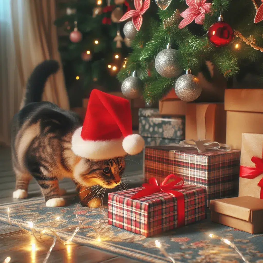 Un gato curioso investigando el árbol navideño decorado en casa