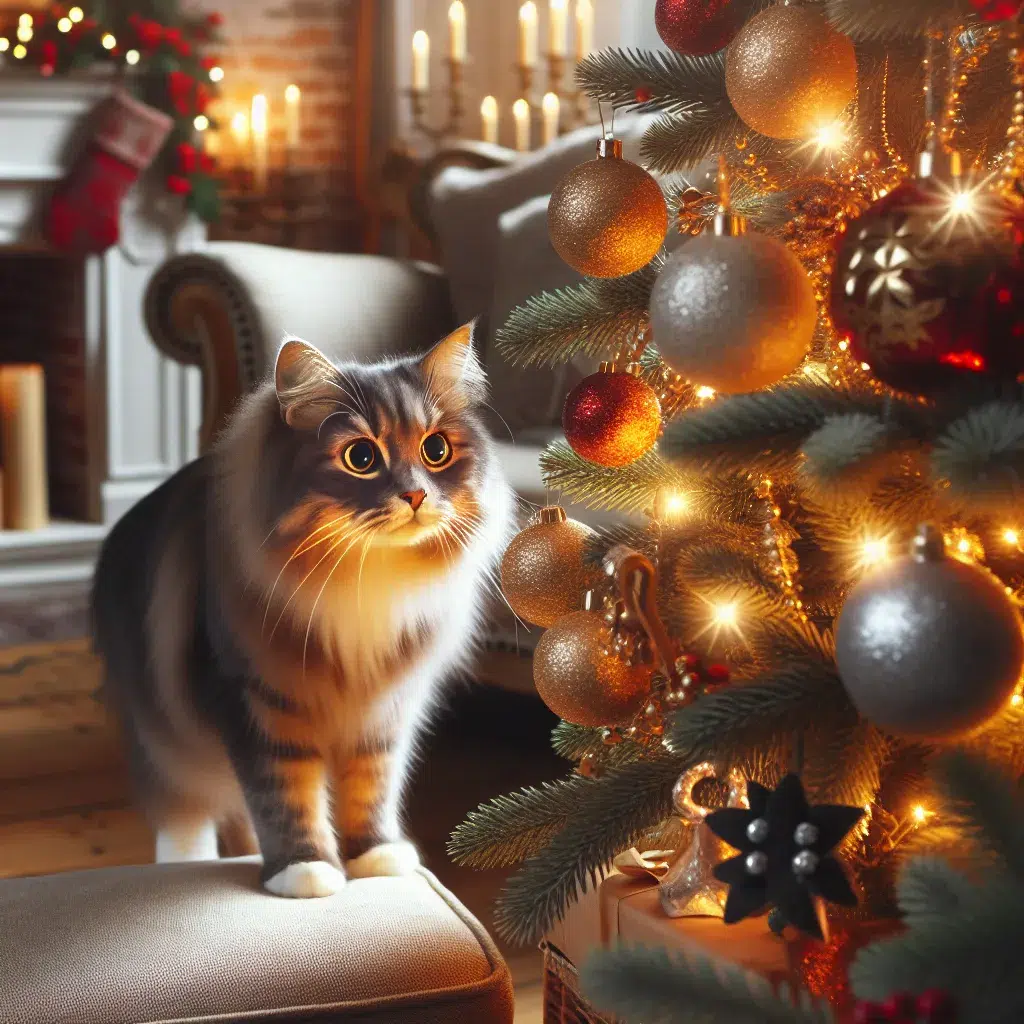 Gato travieso mirando con curiosidad un árbol navideño decorado en casa.