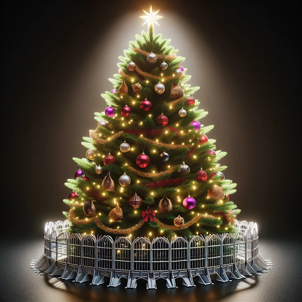 Imagen de un árbol navideño con protecciones para evitar que los gatos lo derriben o jueguen con él.