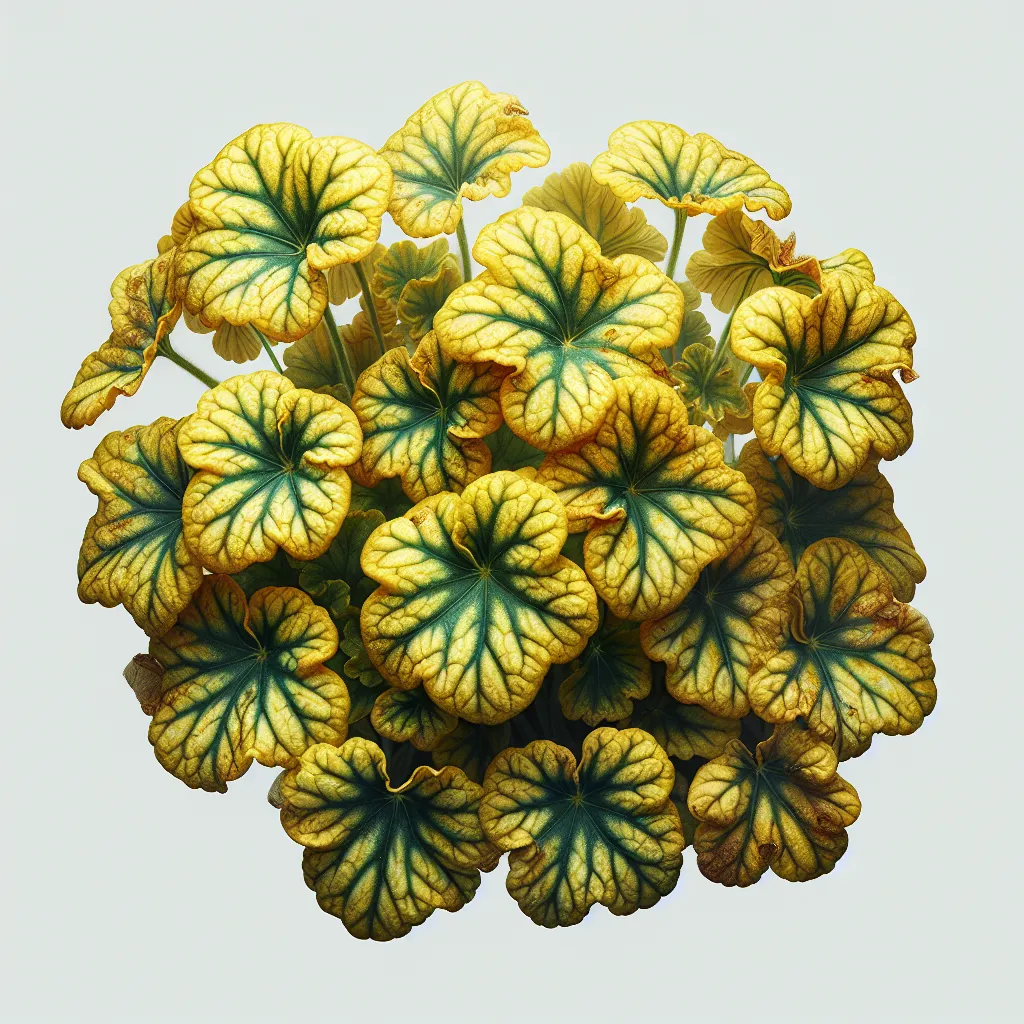 Imagen de hojas amarillas en un geranio mostrando signos de deficiencia nutricional o enfermedad.
