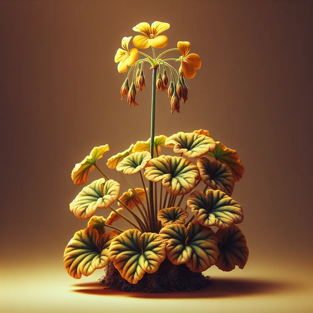 Imagen de un geranio con hojas amarillas, ilustrando el problema común de falta de nutrientes o exceso de riego en esta planta.