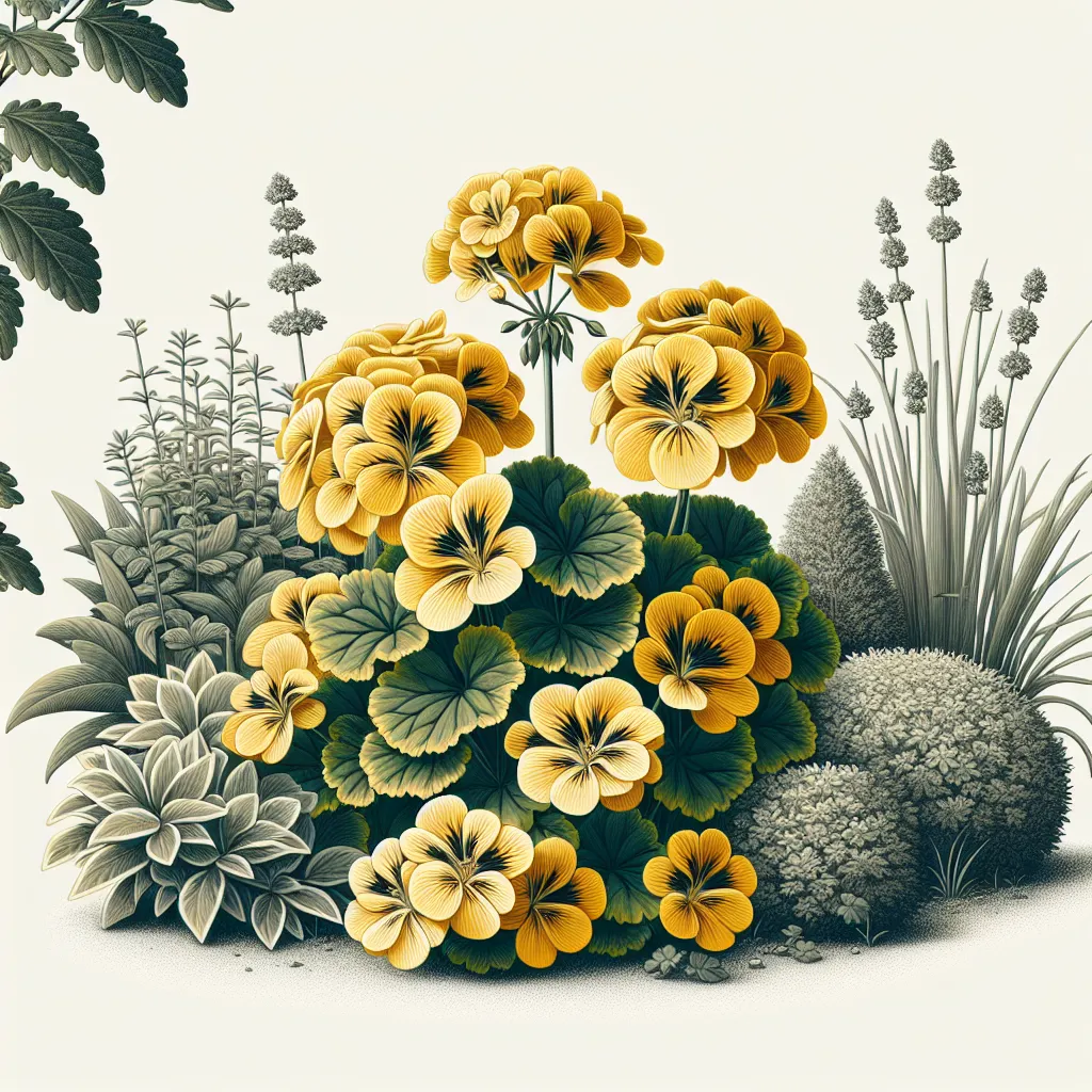 Imagen de un geranio con hojas amarillas en un fondo de jardín.