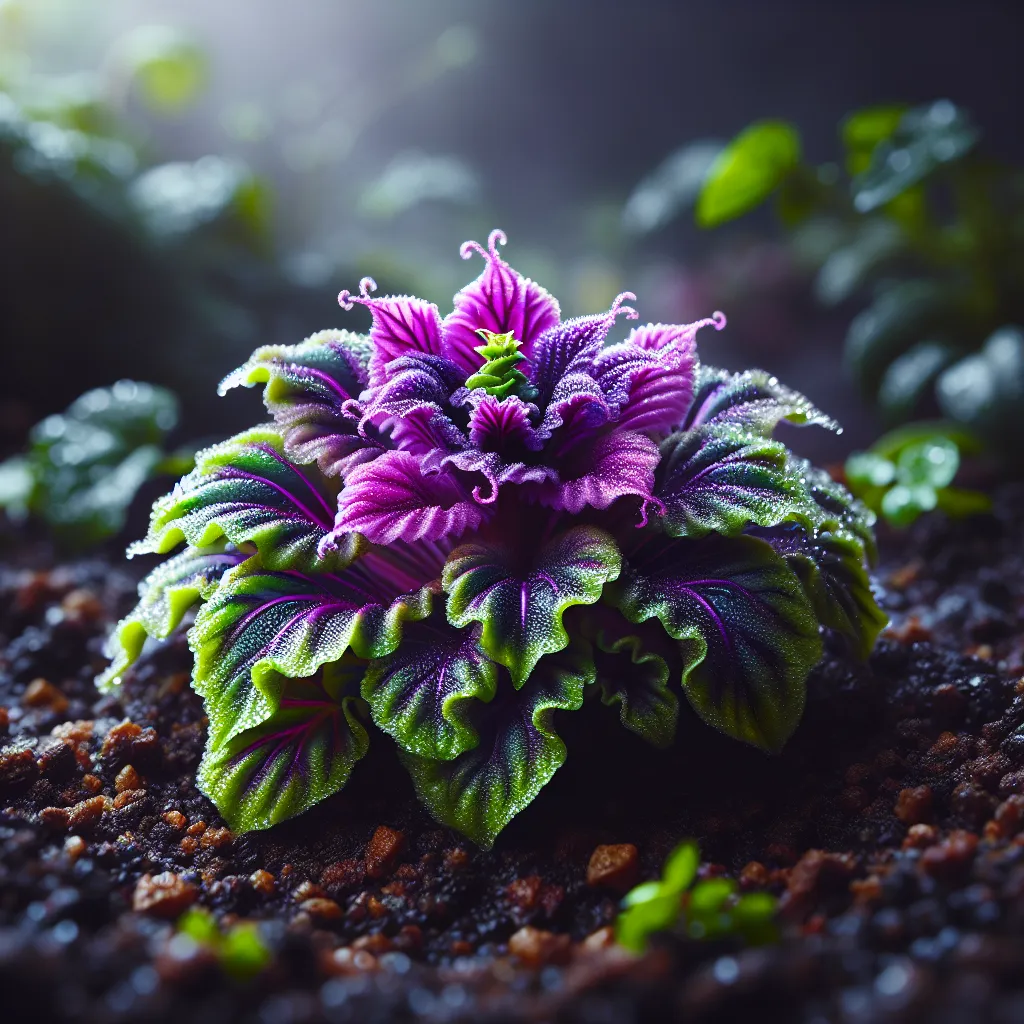 Imagen de una Gynura Purple Passion saludable y vibrante, destacando sus colores morados y verdes brillantes en un entorno bien iluminado y con tierra húmeda.