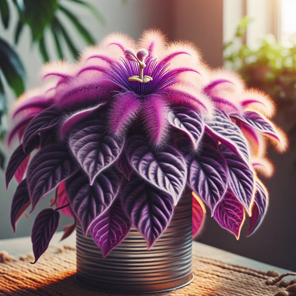 Imagen de una planta de Gynura Purple Passion brillante y saludable en un entorno hogareño, destacando su vibrante color morado y sus hojas peludas. Perfecta para ilustrar el cuidado adecuado de esta planta en interiores.