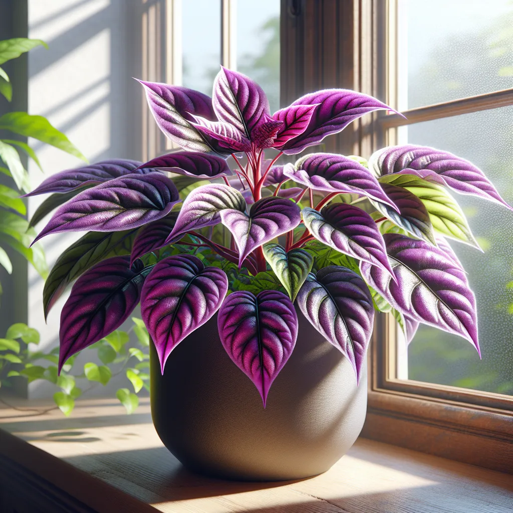 Gynura Purple Passion en maceta con hojas vibrantes y brillantes cerca de una ventana soleada, representando el cuidado adecuado de esta planta de interior.