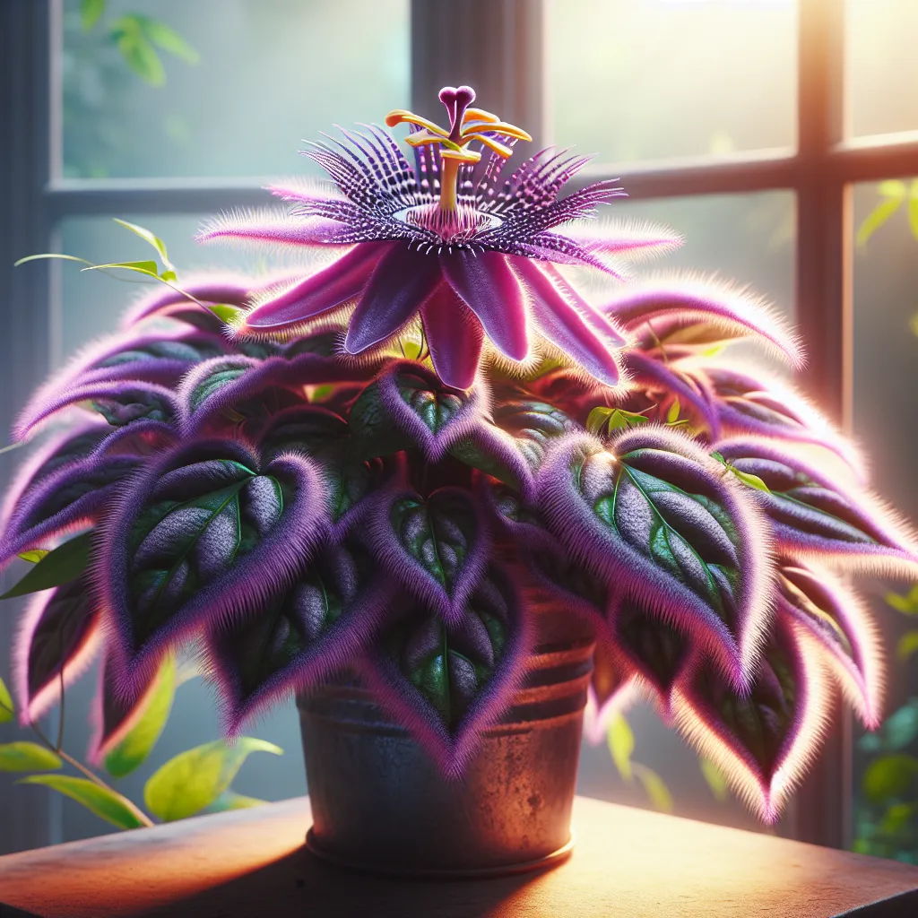 Imagen de una planta de Gynura Purple Passion, con hojas moradas y peludas, en un ambiente luminoso y bien cuidado.