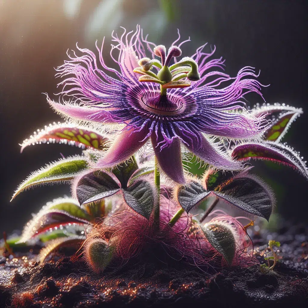 Imagen de una planta Gynura Purple Passion con hojas moradas y peludas, en un entorno iluminado y con suelo húmedo, mostrando su belleza y vitalidad.