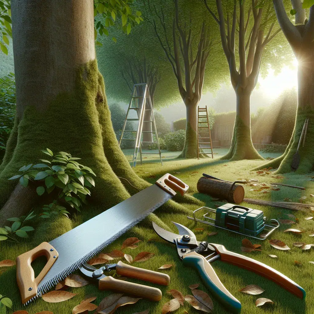 Imagen de diversas herramientas de poda de árboles en un jardín con árboles frondosos.