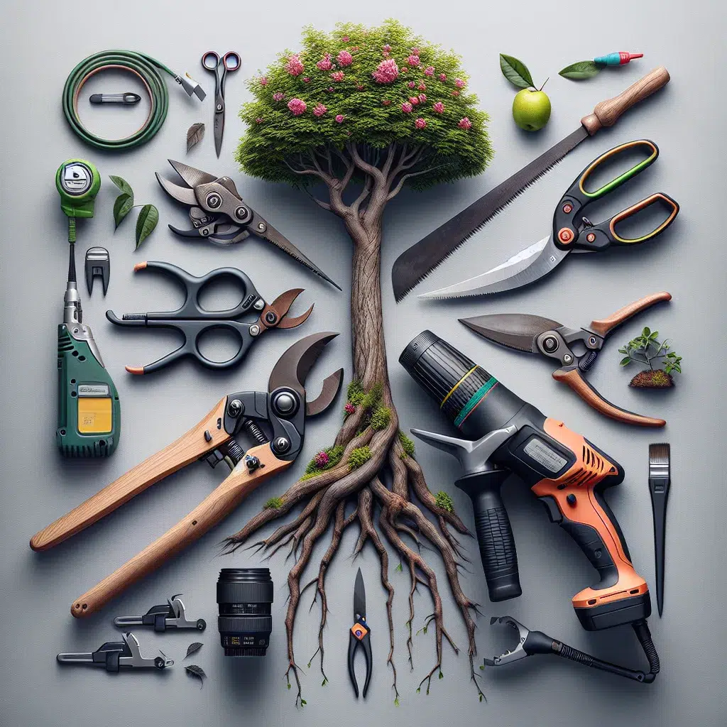 Comparativa de las principales herramientas de poda de árboles: tijeras de podar, sierras y podadoras eléctricas.