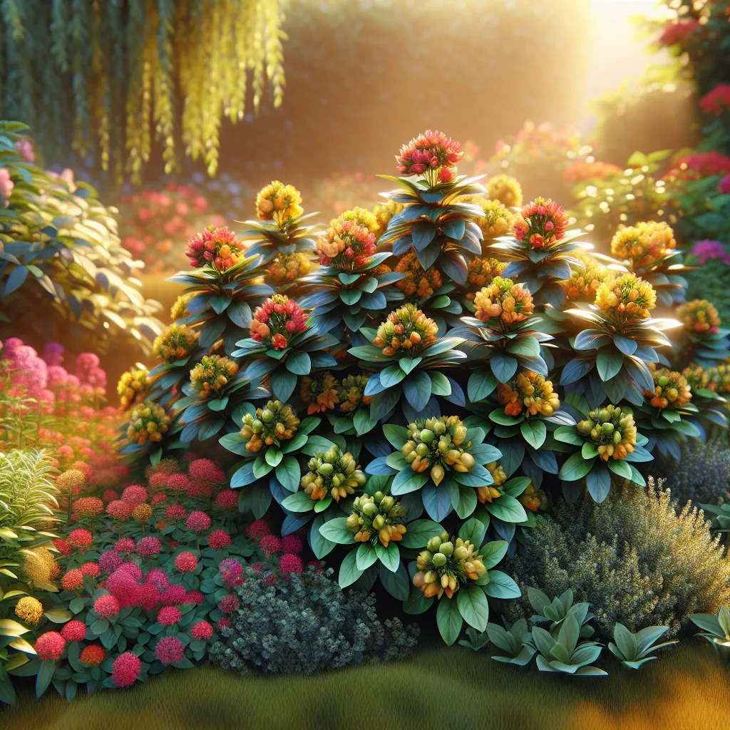 Imagen de un hermoso jardín con varias plantas de Hypericum en plena floración y cuidado experto.