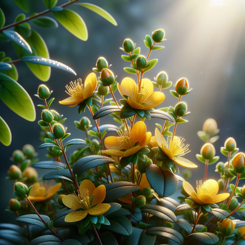 Imagen de Hypericum en un jardín, con flores amarillas brillantes y hojas verdes saludables.