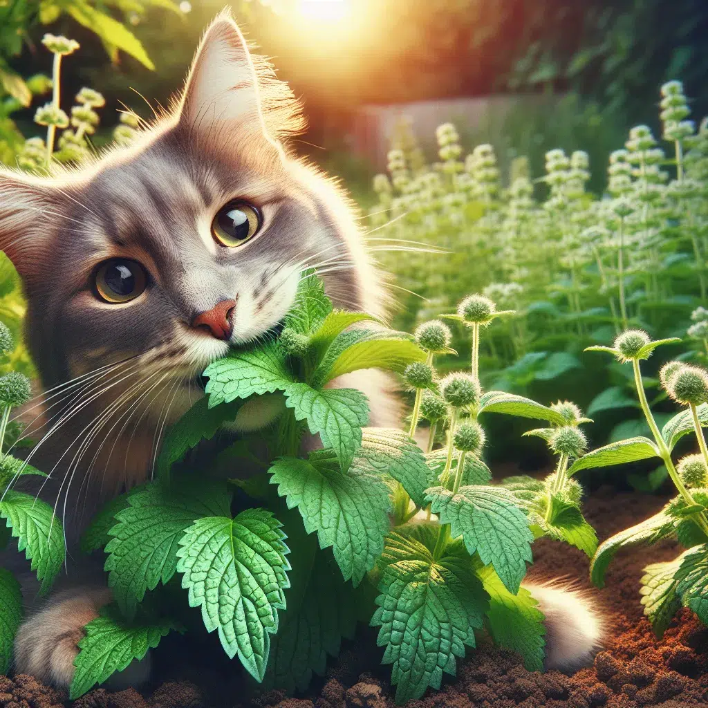 Imagen de un gato disfrutando de la hierba gatera en un jardín, mostrando los beneficios y cuidados de esta planta para tu felino.