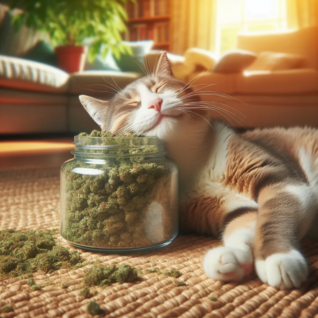Imagen de un gato disfrutando de la hierba gatera en un ambiente hogareño y acogedor.