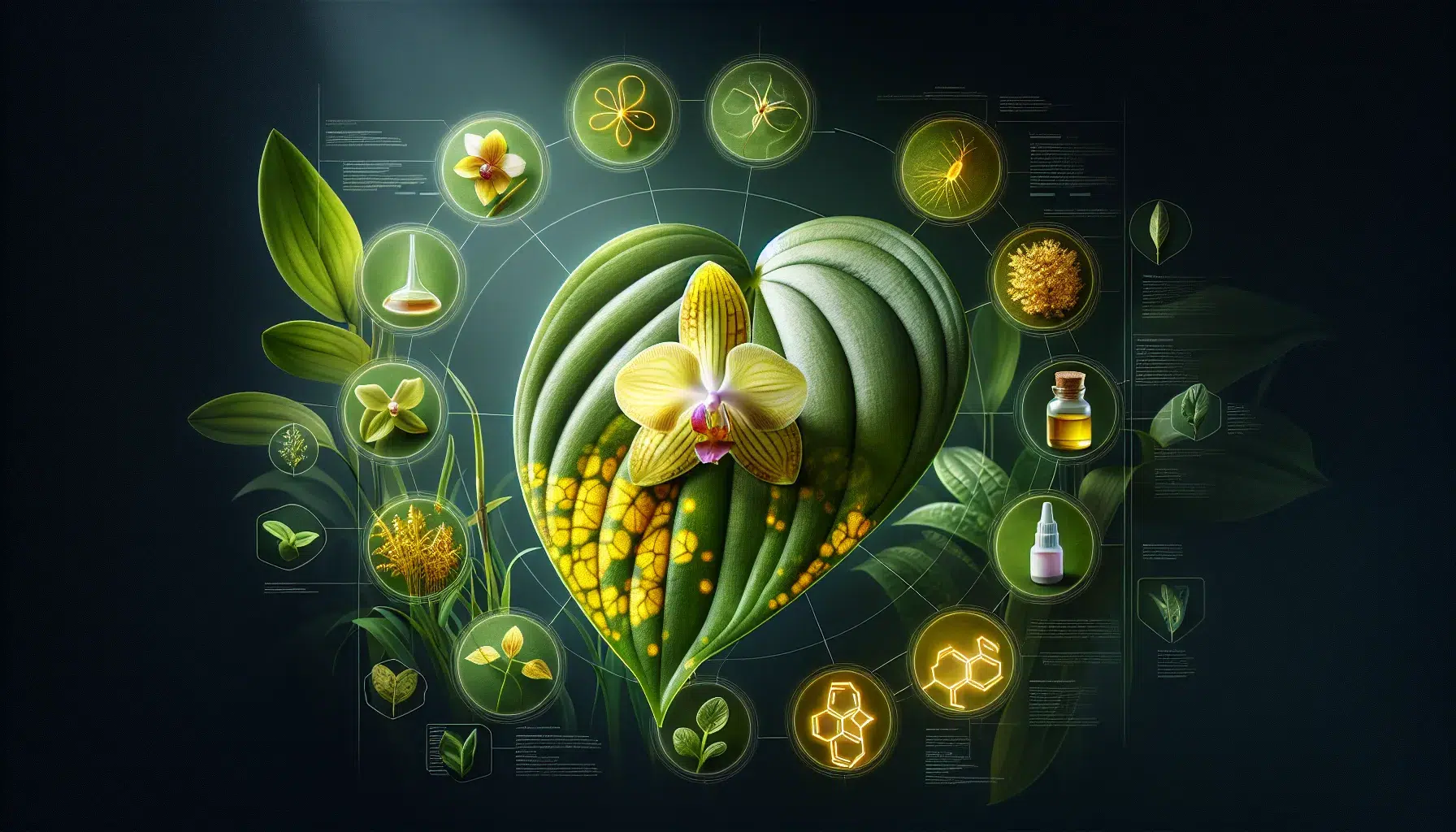 Hoja de orquídea con tonos amarillos, representando síntomas de posibles problemas de salud de la planta y tratamientos recomendados.