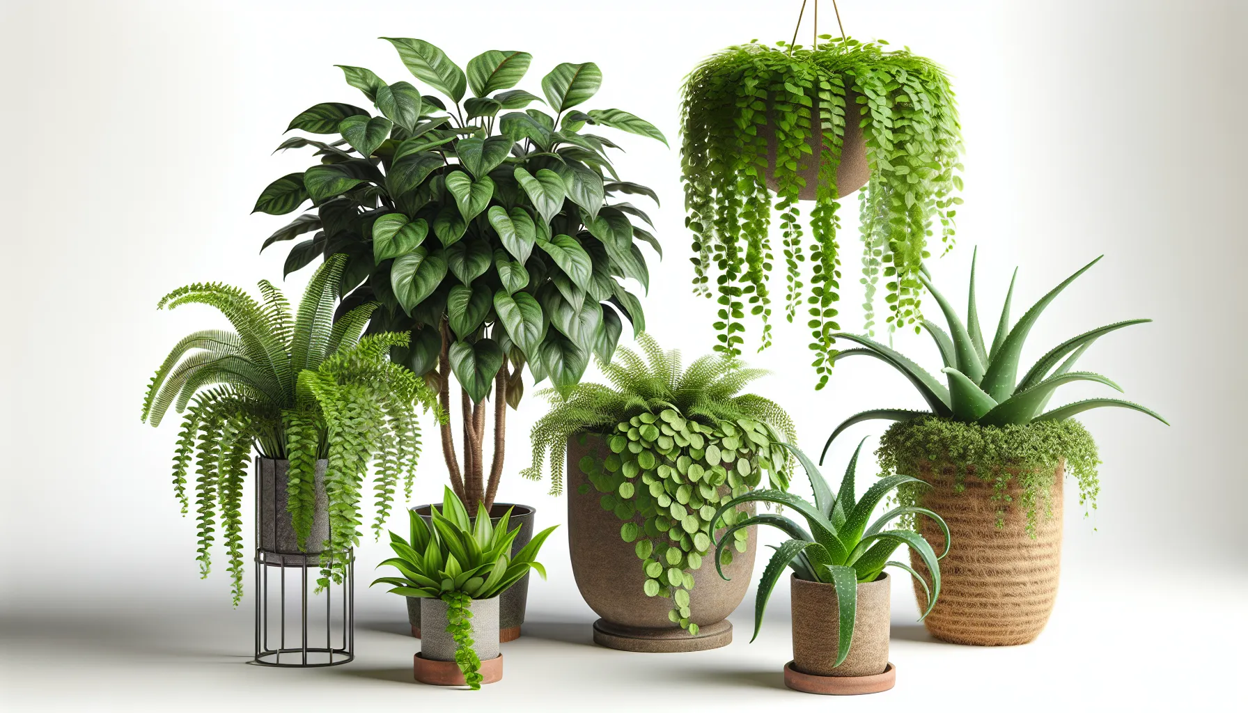 Imagen de diversas plantas de hojas decorativas en macetas para interiores.