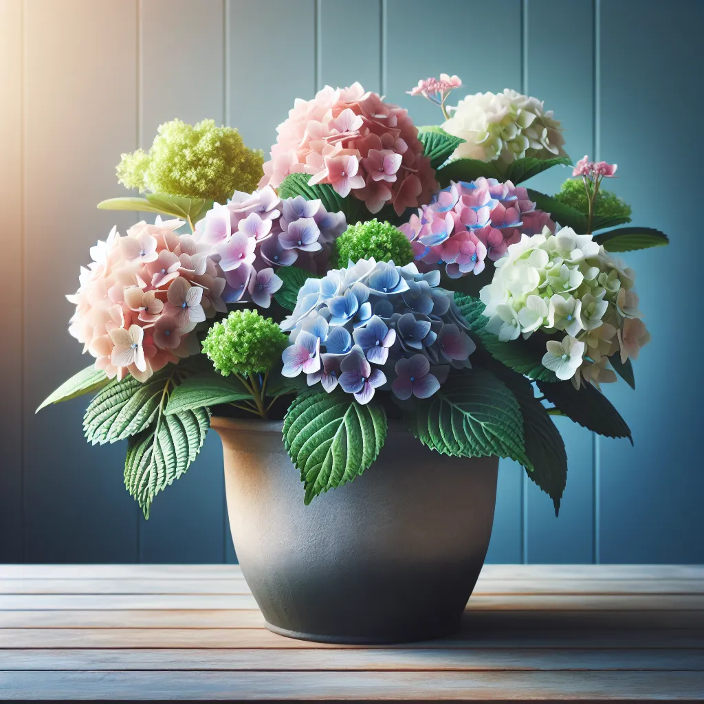 Imagen de hortensias florecientes en una colorida maceta, mostrando cómo cuidarlas para lograr un crecimiento saludable y exitoso.