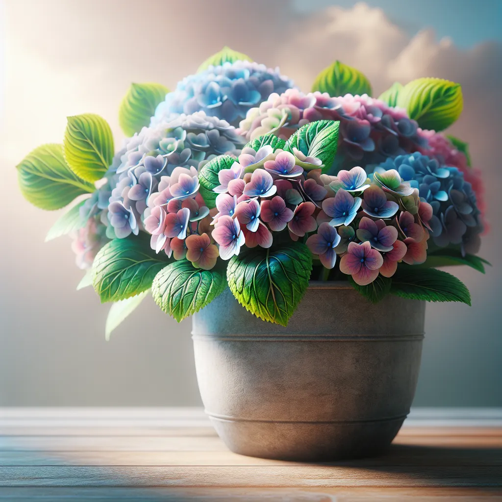 Imagen de hortensias en una colorida maceta, ejemplificando los cuidados exitosos para su cultivo en espacios reducidos.