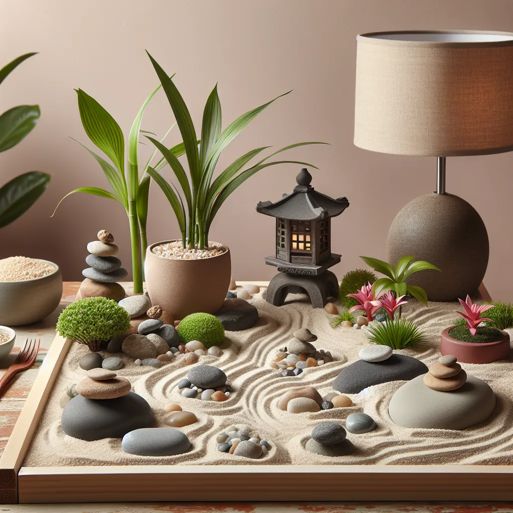 Imagen de un jardín zen casero con piedras, arena y plantas, que brinda serenidad y armonía al hogar.