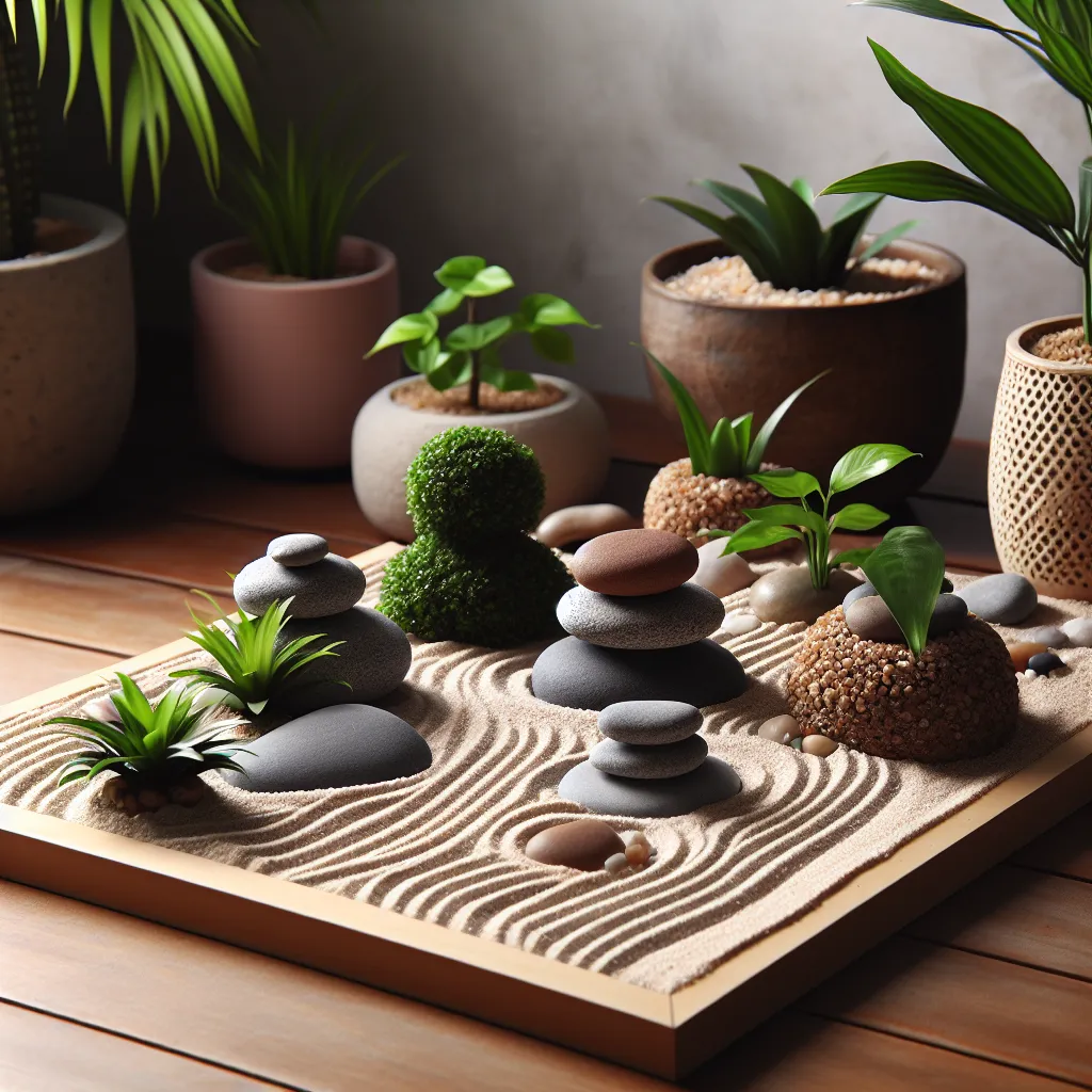 Imagen de un jardín zen casero con piedras, arena y plantas, creando un ambiente sereno y armonioso para el hogar.