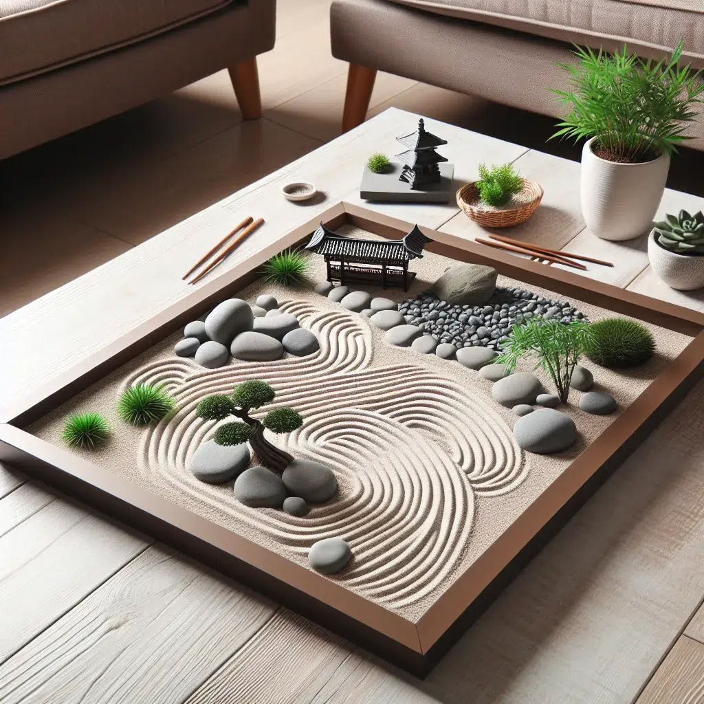 Jardín zen casero con piedras, arena y plantas para promover la tranquilidad en tu hogar