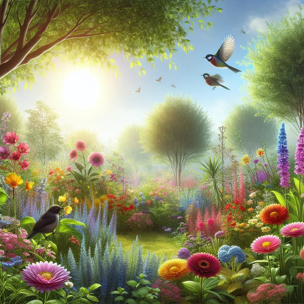 Imagen de un jardín lleno de flores coloridas y plantas vibrantes en plena primavera, con el sol brillando y pájaros revoloteando, ilustrando el artículo sobre cómo cuidar tu jardín en abril.