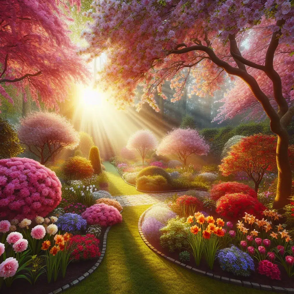 Imagen de un jardín cuidado y lleno de flores coloridas en pleno mes de abril, iluminado por el sol y con un aspecto espectacular