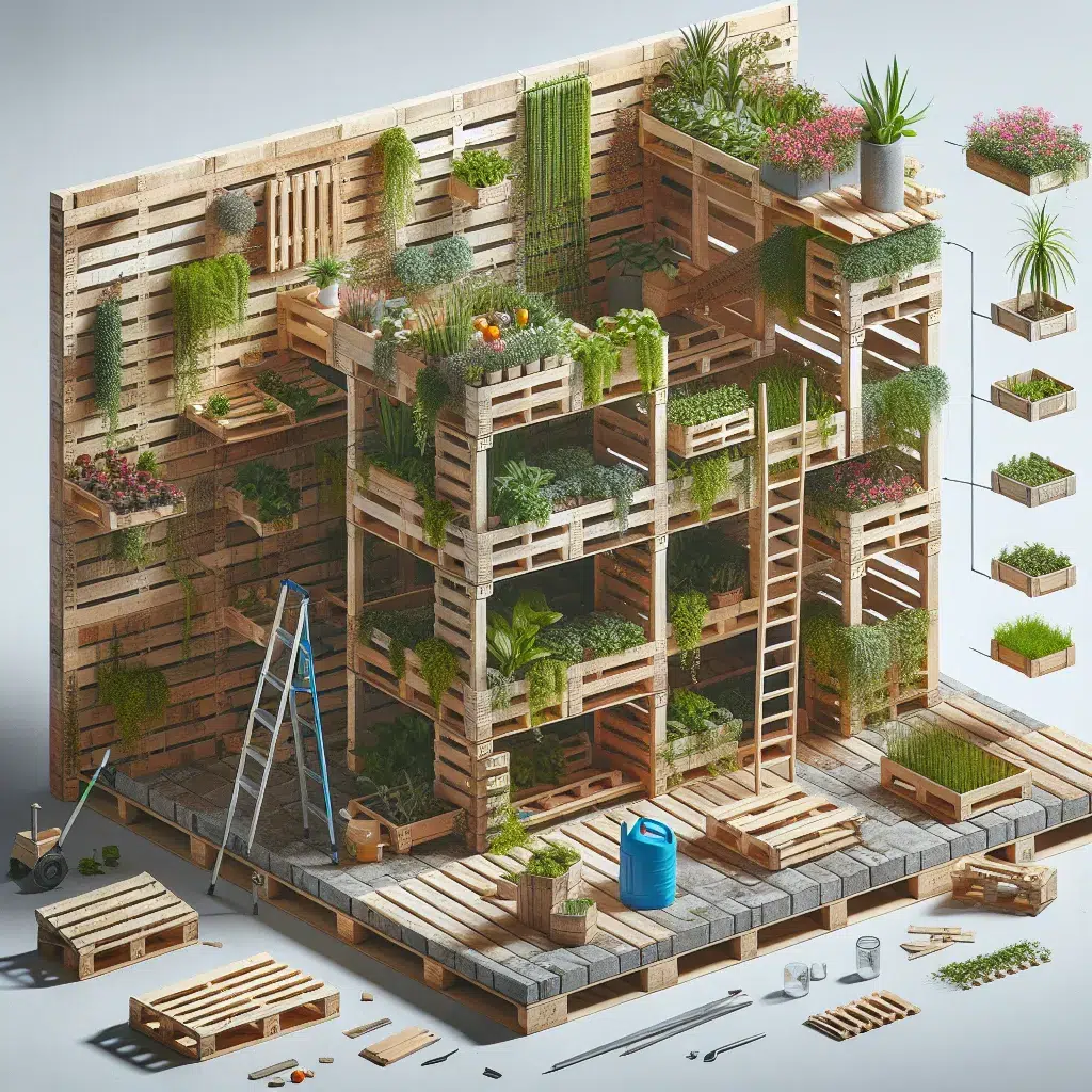 Imagen ilustrativa de un jardín vertical construido con palets en proceso de montaje, mostrando los pasos para crearlo.