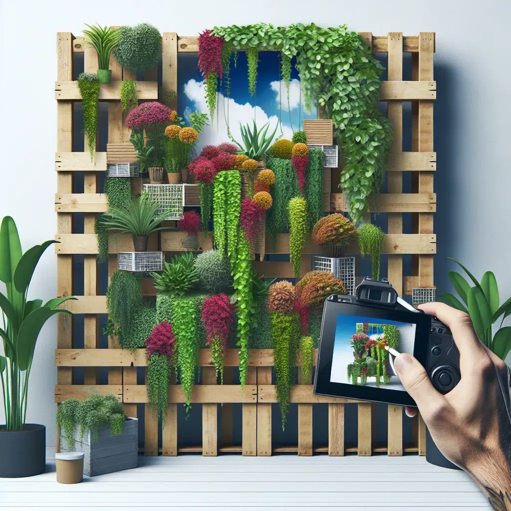 Imagen de un jardín vertical hecho con palets, con plantas en cascada y colores vibrantes, como inspiración para tu proyecto de bricolaje.