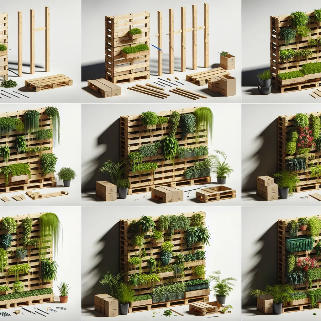 Imagen de un jardín vertical construido con palets reciclados siguiendo un tutorial paso a paso.
