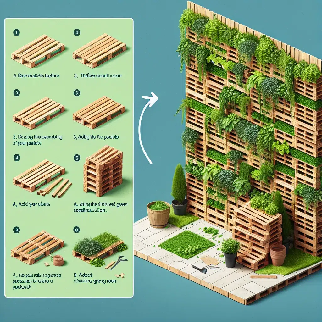 Imagen de un jardín vertical hecho con palets, mostrando paso a paso cómo crearlo.