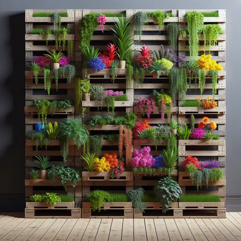 Imagen de un jardín vertical hecho con palets, perfectamente organizado y decorado con plantas coloridas y vibrantes.